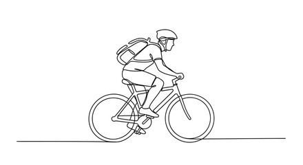 Obraz premium Continuous line drawing of a cyclist with backpack on white background
