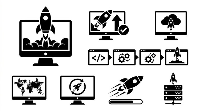 Rockets launching from computer screens with coding