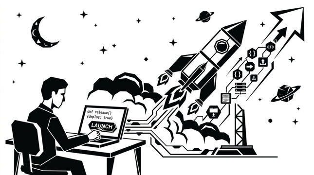 Software developer launching rocket with code on laptop