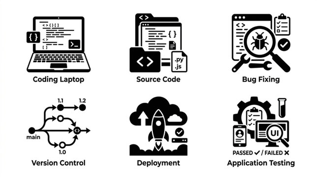 Software development process icons coding deployment testing