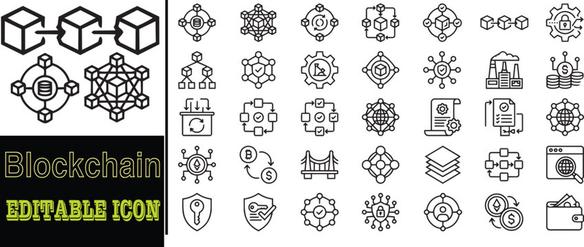 Blockchain Technology Line Icons Set with Distributed Ledger, Smart Contracts and Decentralized Network Editable Icon
