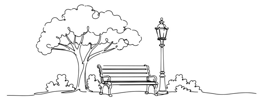 Peaceful park scene featuring a bench, tree, and street lamp, ideal for nature, relaxation, and urban landscape themes.