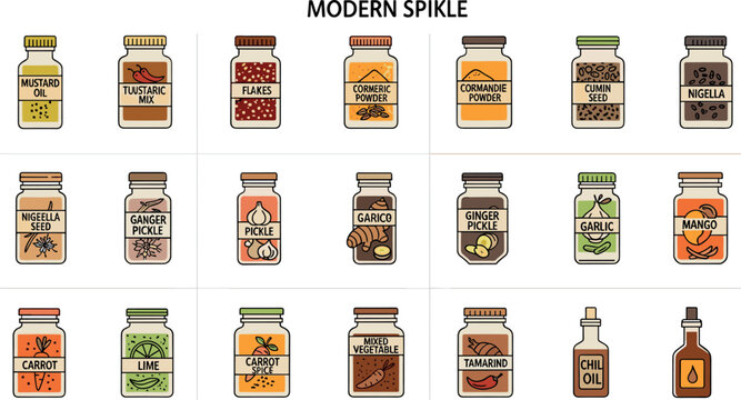 Modern spice bottle collection with oils powders seeds pickles and seasonings for kitchen packaging design projects