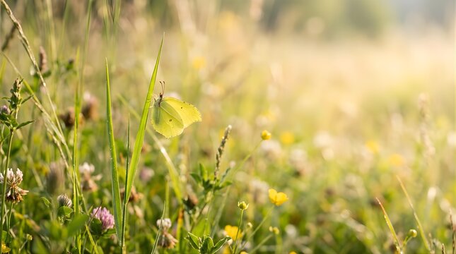 Yellow brimstone butterfly resting on a blade of grass in a meadow