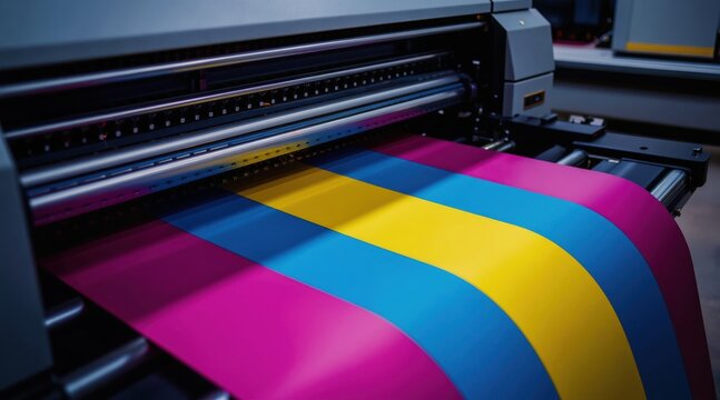 Large inkjet printer creates colorful paper sheets. CMYK process printing builds wide format designs for advertising graphics. Modern digital press outputs commercial materials for marketing