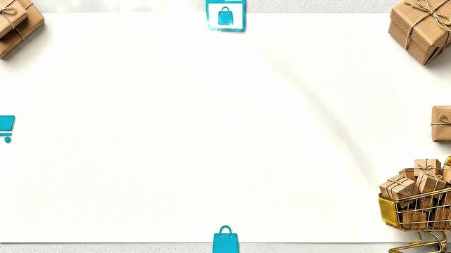 Video, PowerPoint presentation templates for online shops, stores, offices, formal settings, cardboard icons, and shopping carts 