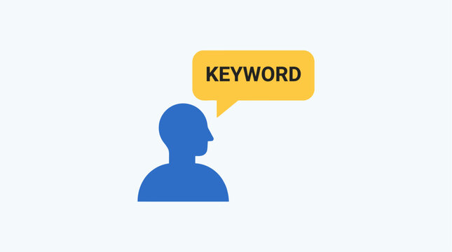 Minimalist illustration of a person with a speech bubble containing the word 'KEYWORD', symbolizing search optimization, digital marketing, communication, and tagging concepts.