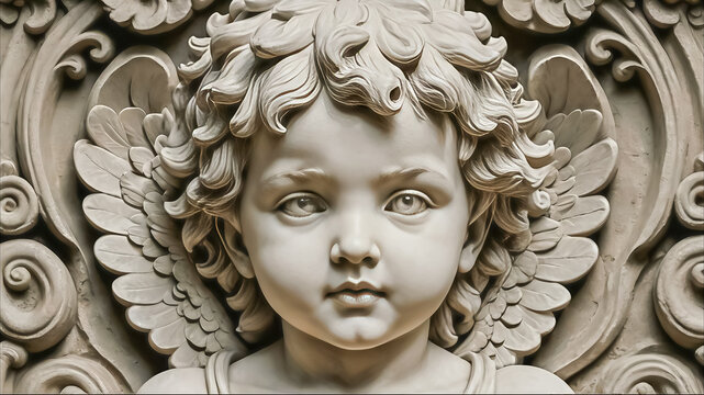 Baroque Cherub Angel Face Relief Sculpture with Wings and Scrollwork