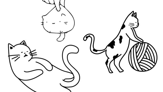 The composition is sparse and balanced, with one cat in the lower-left in a playful, crouched pose with an arched back and raised tail.