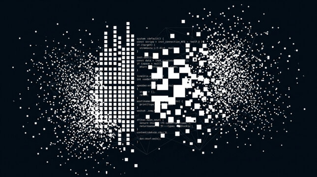 Data corruption and disintegration concept with pixelated code background