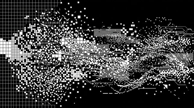 Data corruption pixel disintegration effect on black background with binary code