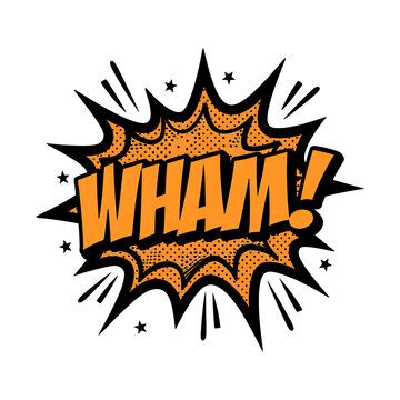 Vibrant comic-style explosion text effect with dynamic wham sound impact for energetic graphic design and illustration projects