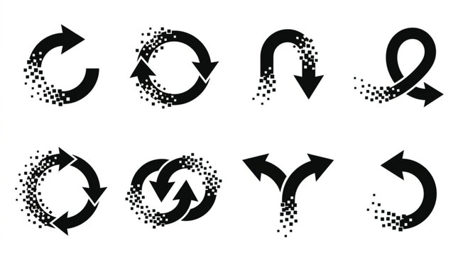 Set of modern arrows with disintegrating pixel effect