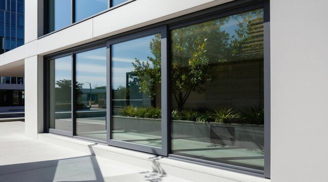 Modern grey frame sliding glass doors on white building exterior. Seamless transition from interior to exterior space with green plants. Contemporary architecture for home or office.