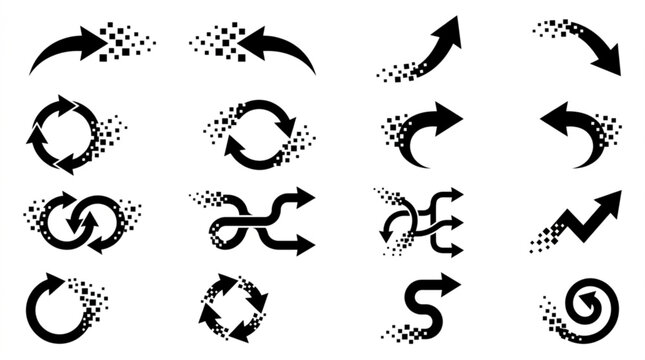 Collection of modern arrow icons with pixel disintegration effect on white background