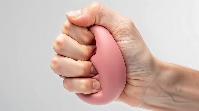 Close up of hand slowly squeezing pink therapy ball during rehabilitation exercise