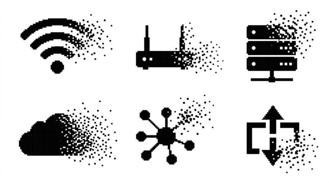 Internet technology icons with pixelated effects
