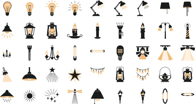 Collection of diverse lighting objects icons depicting various lamps bulbs and torches for design concepts.