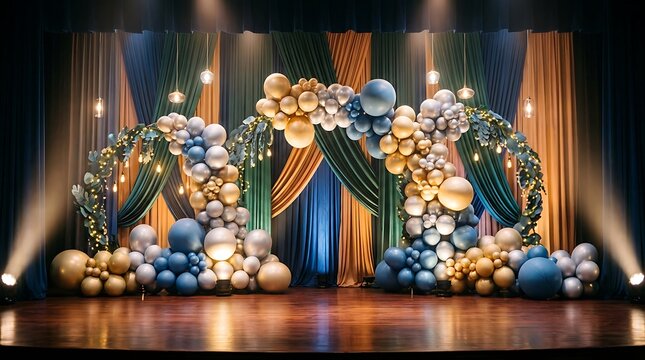Elegant Stage Decoration with Blue and Gold Balloon Arches and Drapes