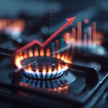 Inflation&acirc;&euro;&trade;s flame: the real cost of natural gas hikes. Economic forecast. Price hikes visual art: curved arrow over gas stove marks financial strain. Financial success. Market analysis.