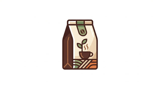 Bag of coffee beans with a steaming cup illustration.