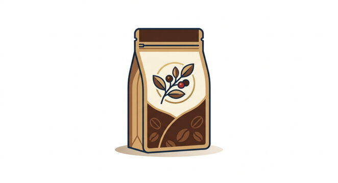Bag of coffee beans with plant logo illustration.
