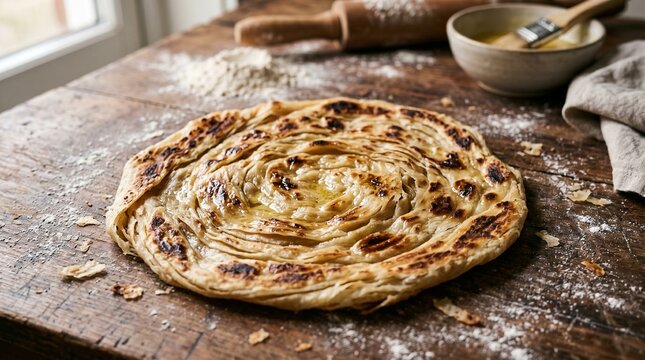 Freshly Made Bangladeshi Paratha Flatbread on Floured Counter