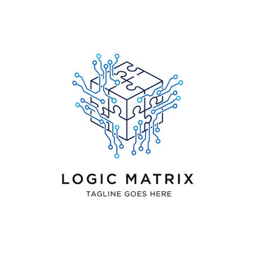 Modern and tech-focused logo design representing data, connectivity, and problem-solving for IT and software development.