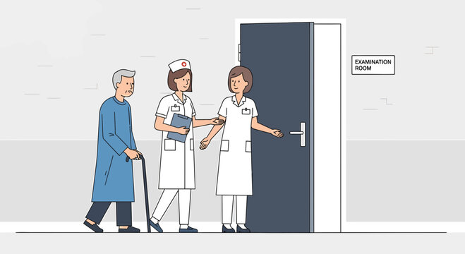 Nurses escorting elderly patient to examination room in hospital
