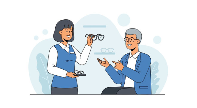 Optician Showing Eyeglasses to Elderly Man at Optometry Store