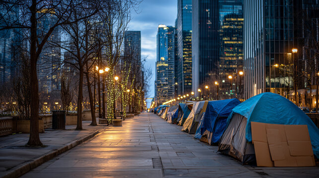 Makeshift tents lined up in urban encampment