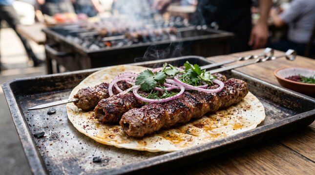Traditional Azerbaijani Lyulya Kebab Skewers with Red Onion Rings