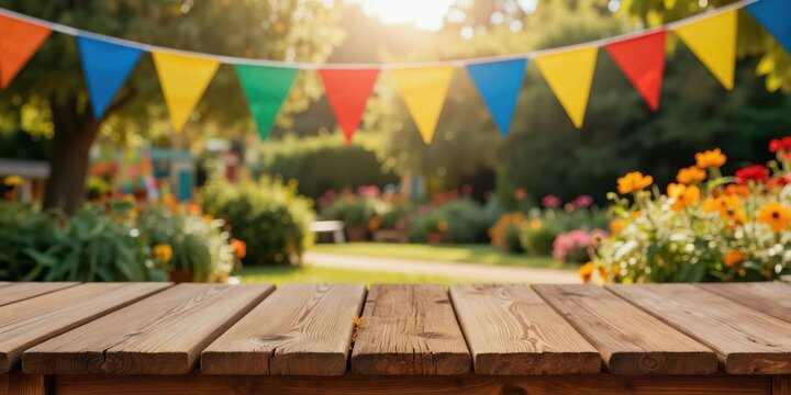 Wooden table foreground blurred garden background with colorful festive flags overhead. Sunny day perfect for outdoor party picnic celebration or family gathering event.