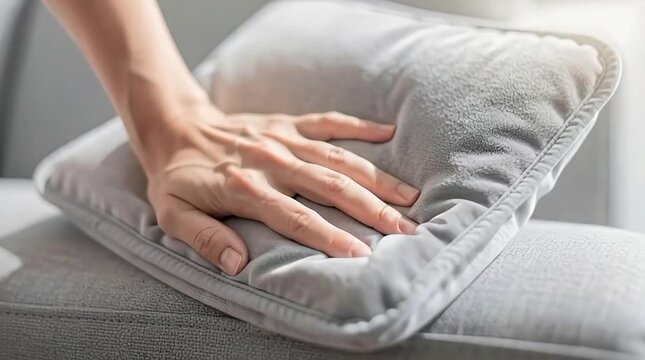 Close up of hand pressing warm heating pad against lower back on sofa