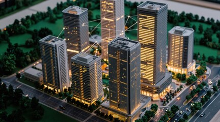 Fototapeta premium Miniature city model with connected smart buildings. Futuristic architecture represents urban development, network infrastructure. Modern city planning with digital technology integrated into