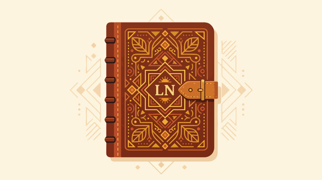 Brown leather journal with gold details.