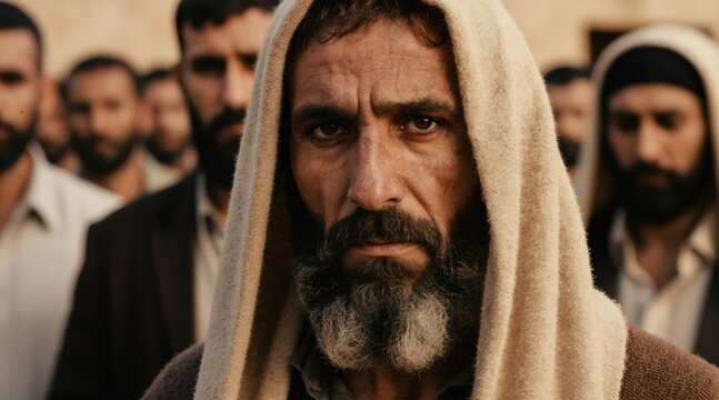 A man with a beard wears a hooded robe. He stands with a group of men in a street. The scene resembles ancient times. His expression is serious and intense.