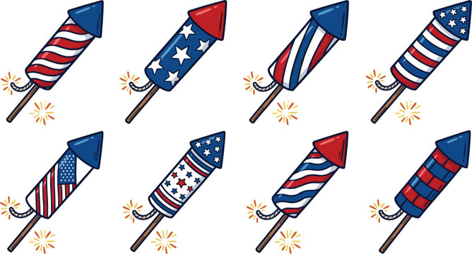 Patriotic American firework rocket vector icon set, fourth of July Independence Day holiday celebration elements