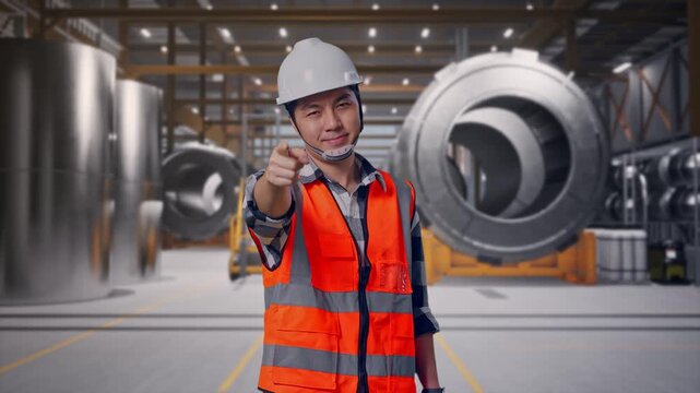 Asian Male Engineer With Safety Helmet Smiling And Touching His Chest Then Pointing At You While Standing at Heavy Factory with Large Turbine Components