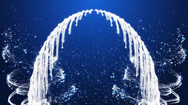 Fountain water streams create an elegant arching liquid sculpture against a deep blue background.