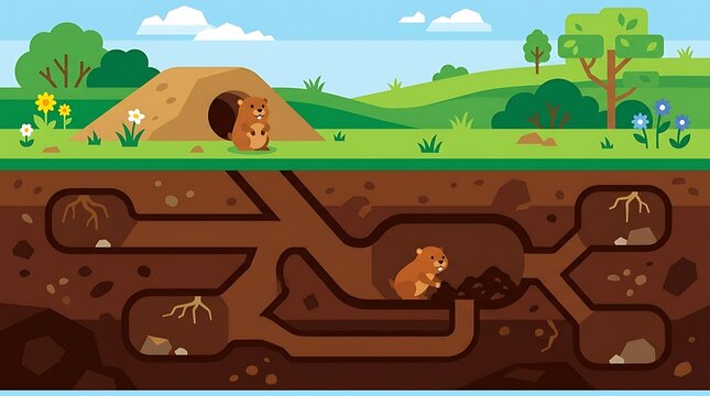 Gopher vector showing underground tunnel system and nature scene