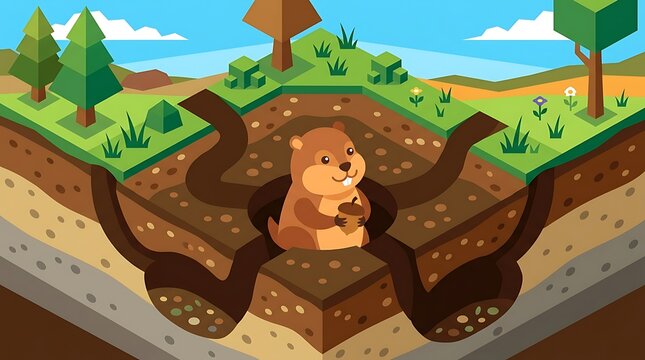 Cute gopher vector in underground burrow tunnel system