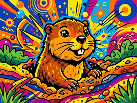 Cute gopher vector character emerging from a colorful burrow