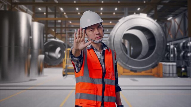Asian Male Engineer With Safety Helmet Disapproving With No Hand Sign While Standing at Heavy Factory with Large Turbine Components