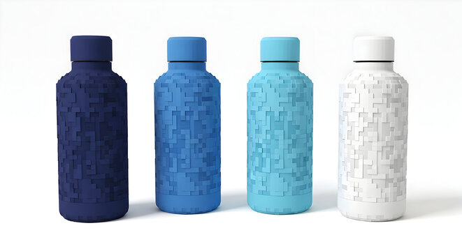 Four textured bottles in graduated shades of blue and white on a white background