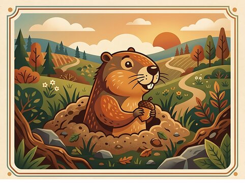 Cute gopher vector peeking from its burrow in a sunset landscape