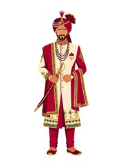 Obraz premium Indian groom vector in traditional royal wedding attire with sword