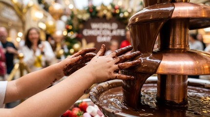 Obraz premium Hands dipping into chocolate fountain dessert.