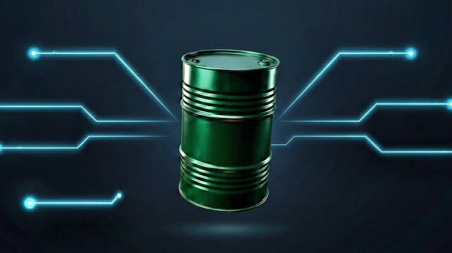 video, oil drum background with cyber lines, green, for the oil and mining industries, 