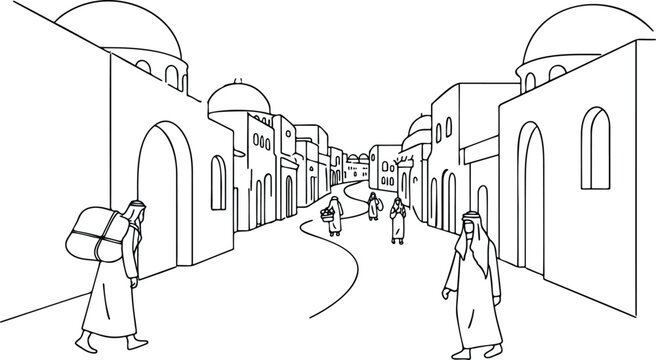 Traditional Middle Eastern old town street scene line art illustration, people walking in ancient Arabian city with domes and arches